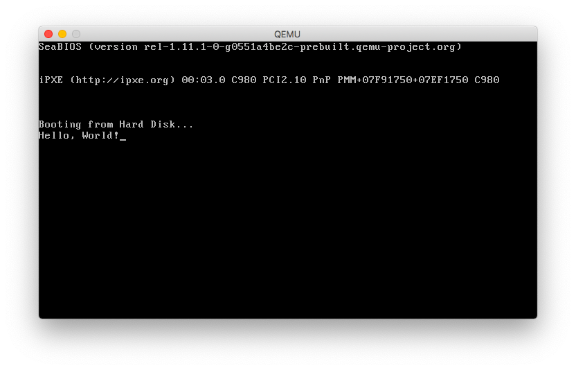 A window running QEMU that displays "Hello, World!"